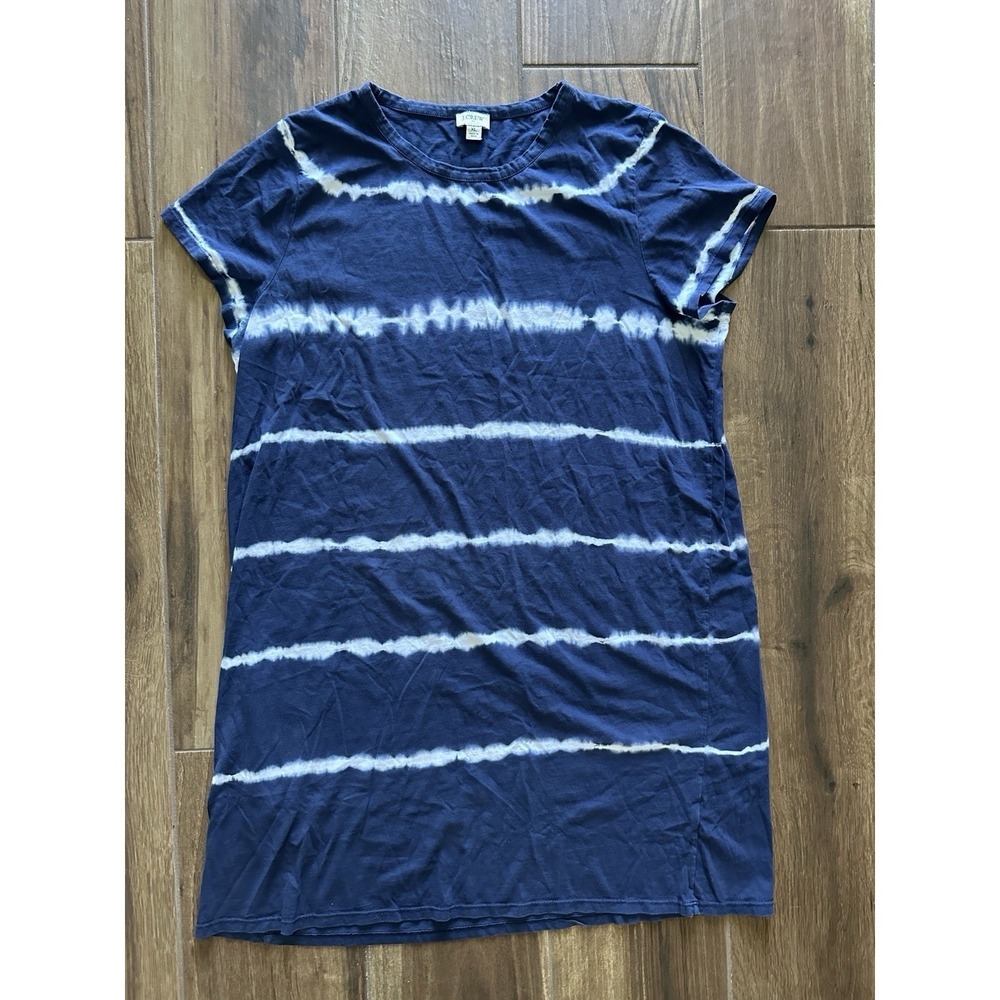 J.Crew Womens XL Navy‎ Blue White Tie Dye Stripe Cotton T-Shirt Mini Dress